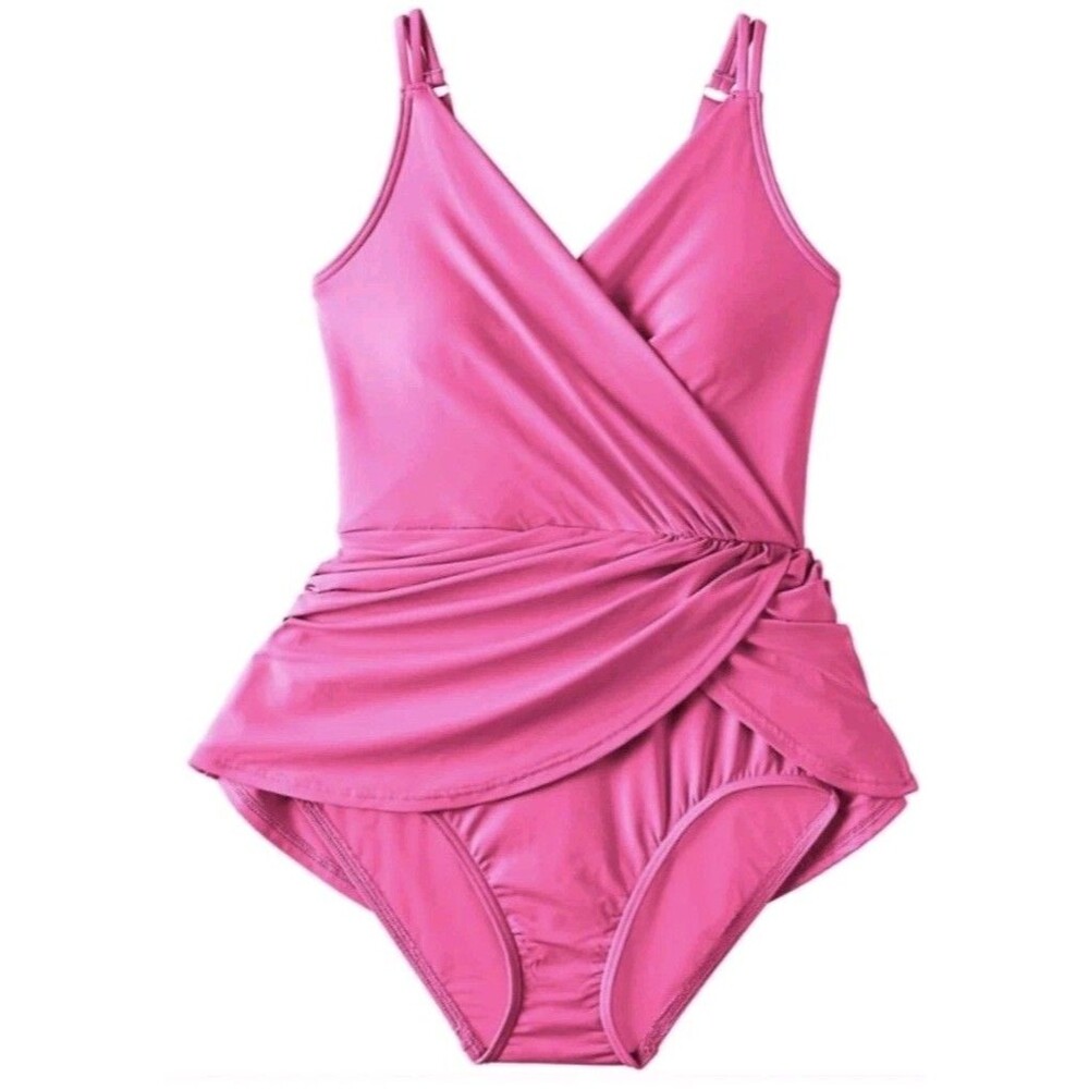 Lands End Chlorine Resistant Tulip Wrap One Piece Swimsuit Dress Medium Pink